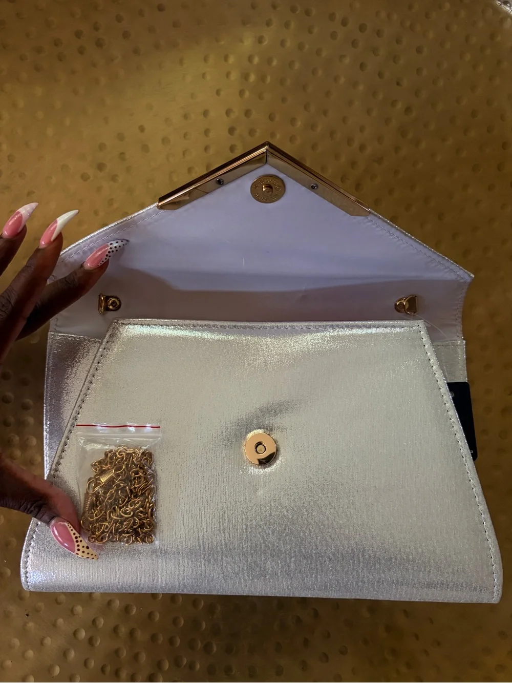 Shimmering Silver Envelope Clutch with Gold Accent